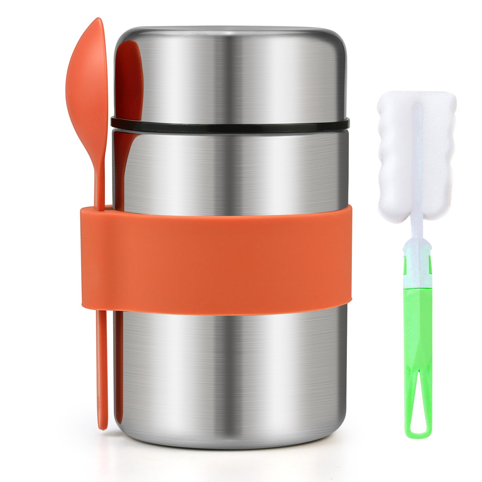 Thermal Food Flasks - 400ml Stainless Steel Vacuum Insulated Food Container with Spoon & Brush Food Jars for Hot/Cool Food Double Soup Flask Leak Proof Thermo Lunchbox for Meals, Soup, Fruit - Orange