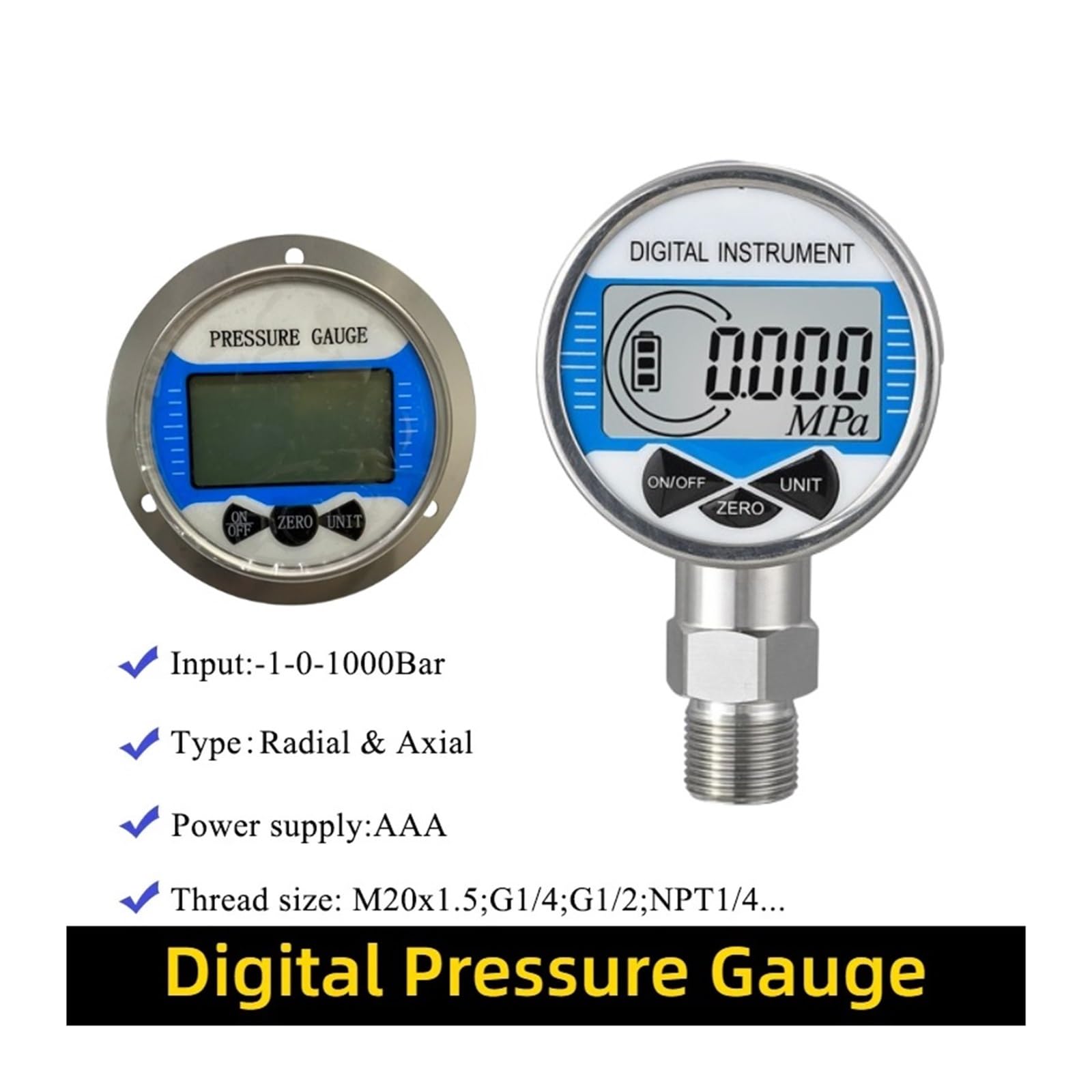 Manómetro Digital inalámbrico de 10bar G1/4, manómetro alta precisión aire, combustible líquido, aceite y agua,Precisión del dial de precisión(Radial G1-2,0-10MPa)
