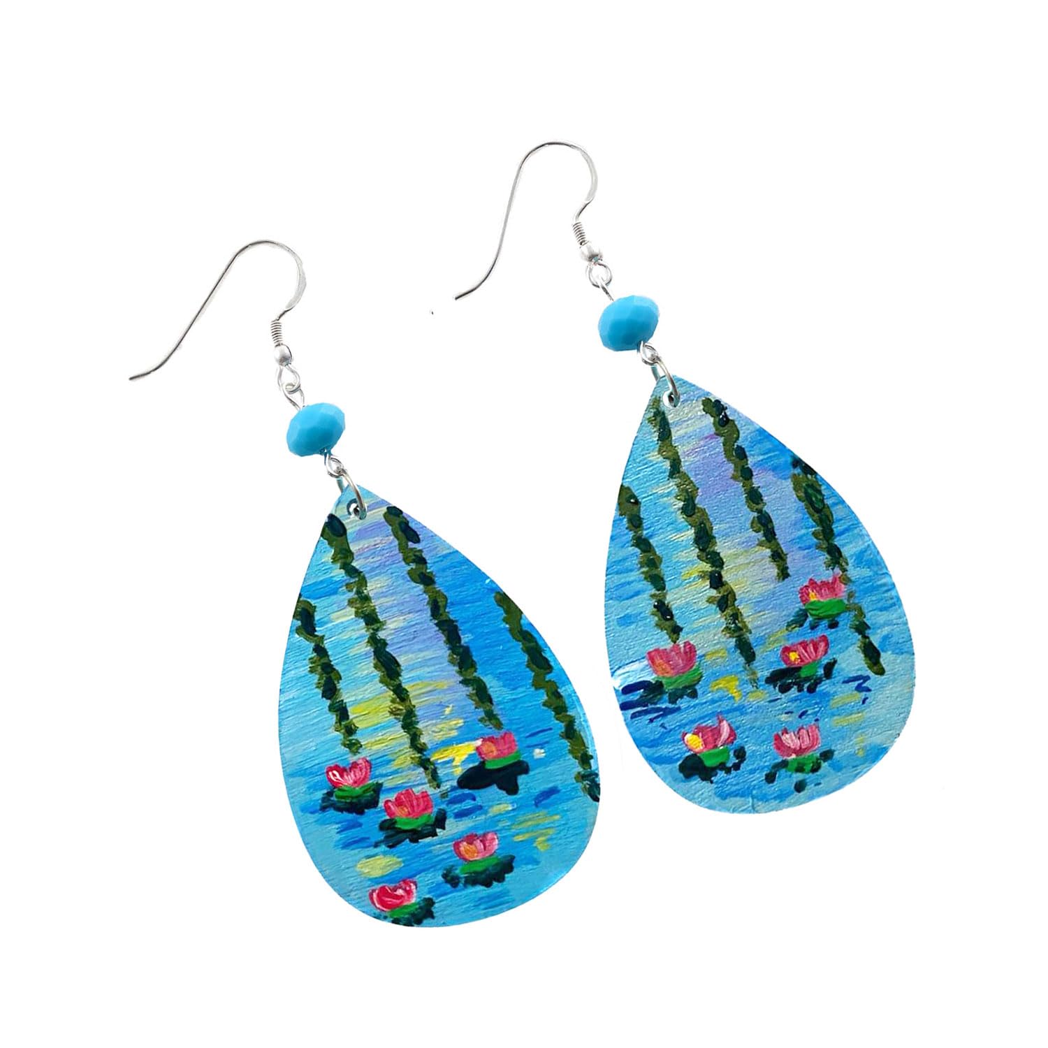 Boucles d'oreilles en bois peintes à la main - ÉTANG DE NÉNUPHARS ET SAULE DE MONET - Boucles d'oreilles pour femme, Bijoux en bois peinte, Crochet en argent, Fabriqué en Italie, Bijoux