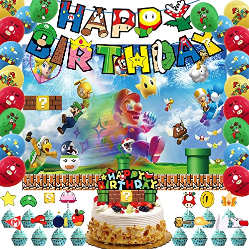 Game Birthday Party Supplies - 50 PCS Birthday Party Favor with Happy Birthday Banner, Cake Topper, Cupcake , Balloons, Background for Boys Girls Party Decoration