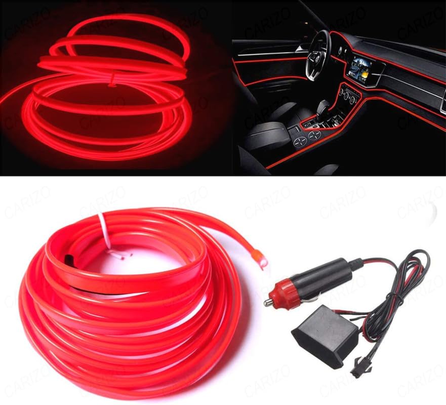 CARIZO Wire Interior Car LED Strip Lights, Glowing Electroluminescent Wire Lights Ambient Lighting Kits (5M, Red) Compatible with Skoda Rapid (Type-II) 2017-2020