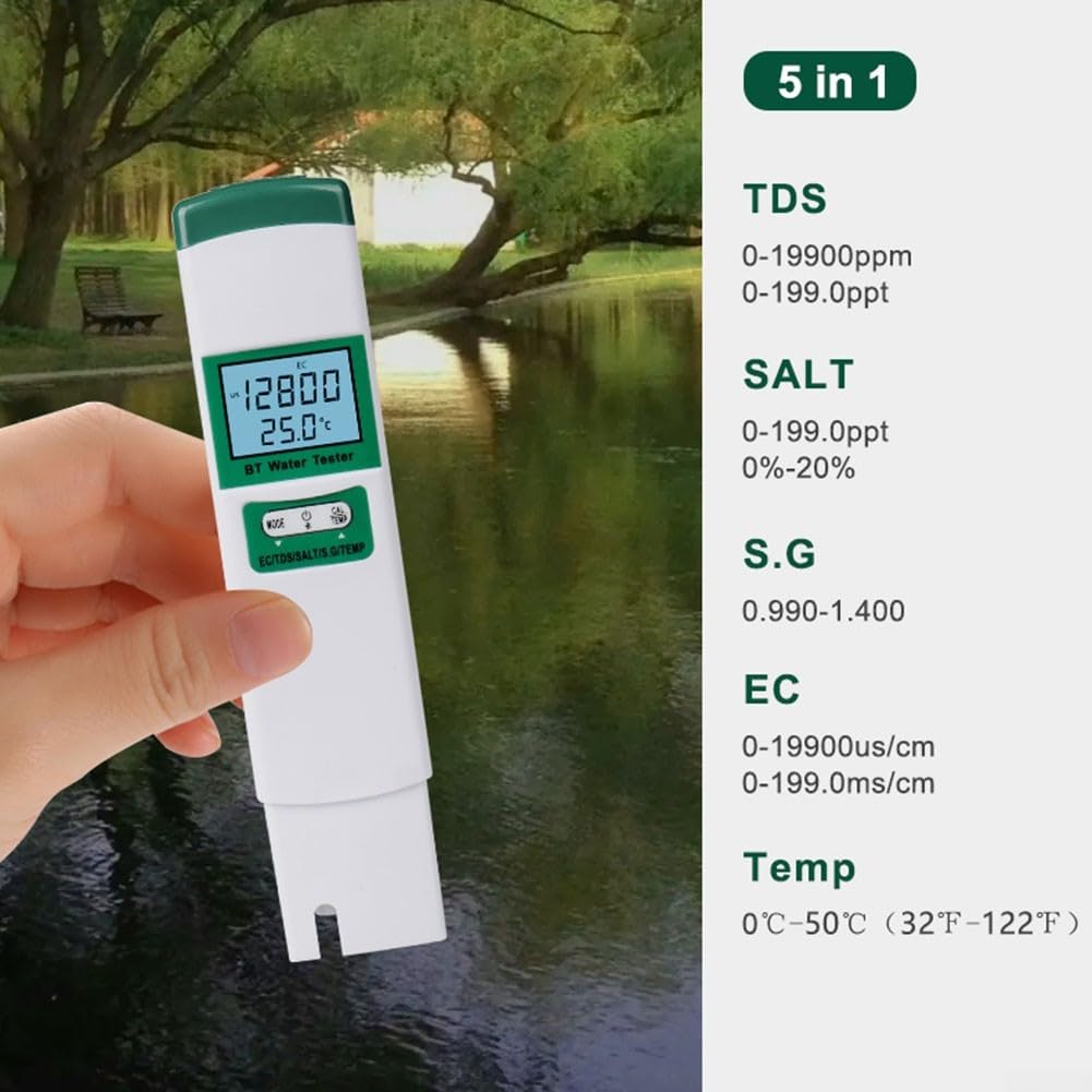Tester di qualità dell'acqua BT98603, sale 5 in 1 per misuratore di temperatura SG per analisi della salinità della piscina e dell'acquario