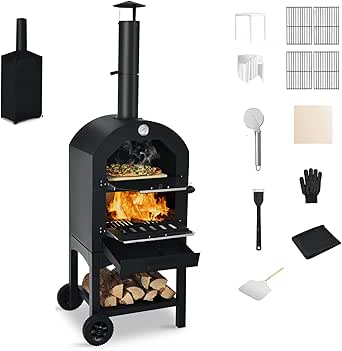 KOMFOTTEU Pizza Oven Outdoor, Pizzaoven 600℃, Draagbare houtkachel van roestvrij staal, Pizza oven 2 standen voor tuin, Mini oven met pizzasteen, pizzaschep, grillrooster, waterdichte deksel