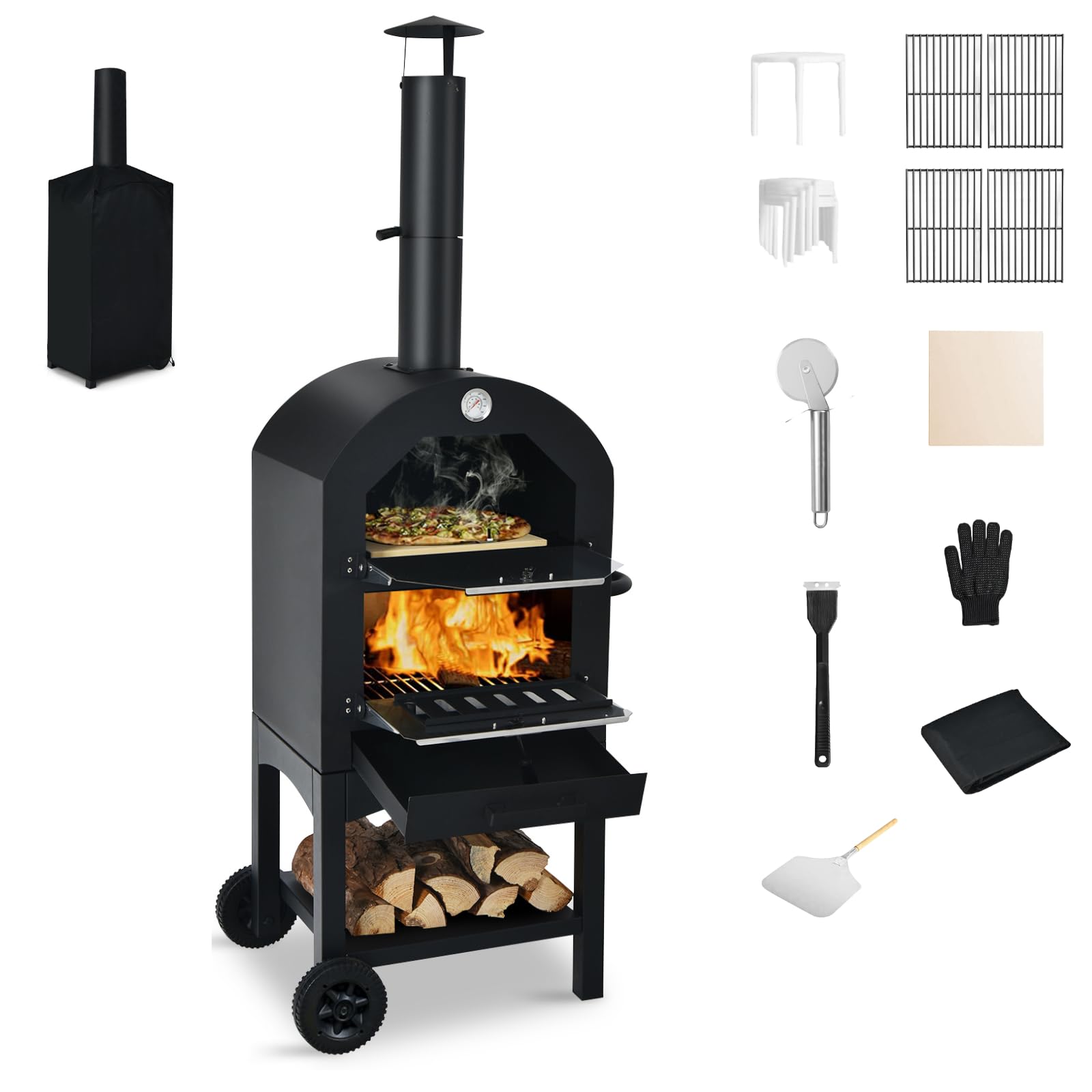 KOMFOTTEU Four à Pizza Extérieur 2 Niveaux 200℃-350℃ Portable Fer Mini-four avec Pierre à Pizza