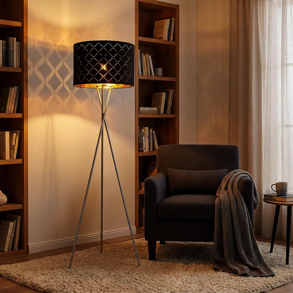 Stehlampe Textilschirm schwarz gold Beistellleuchte 3 Bein Stativleuchte Textil, Nickel matt, E27 Fassung, DxH 62x158 cm