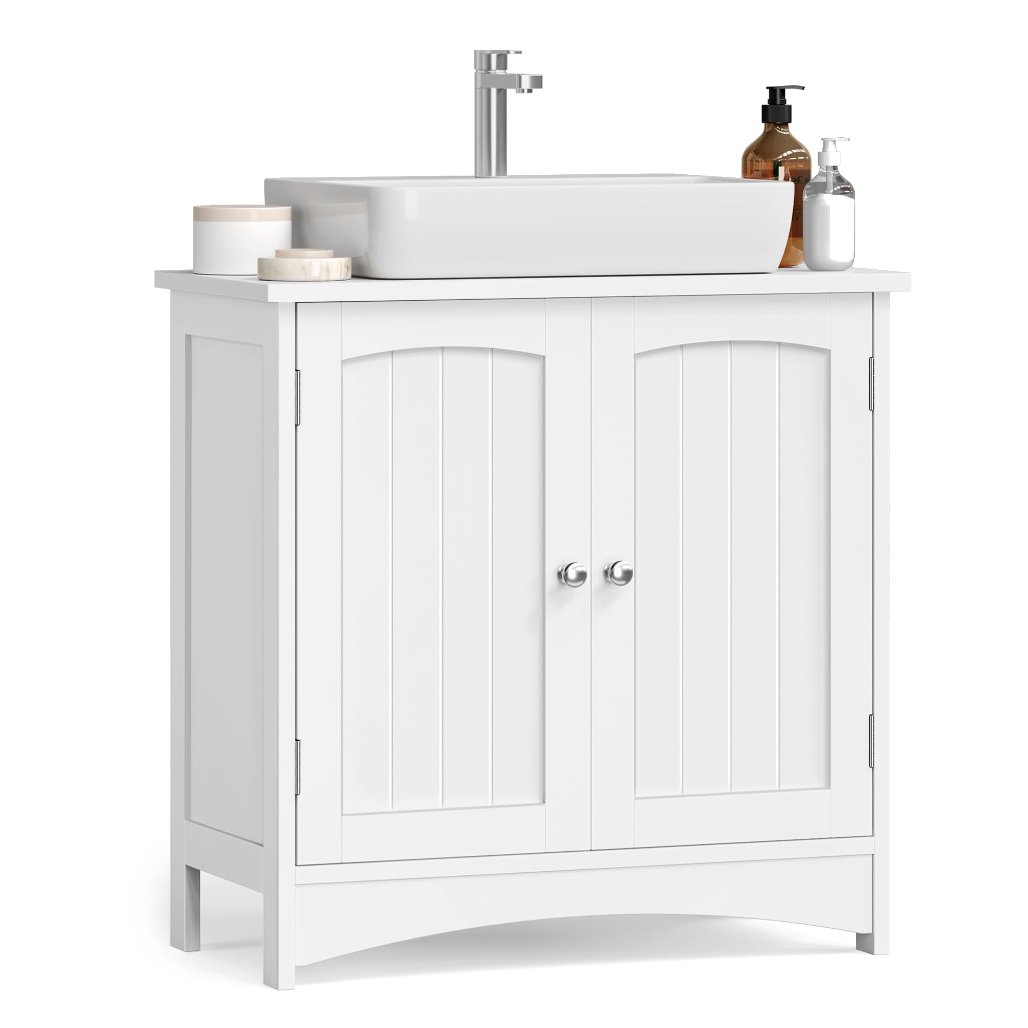 VASAGLE Under Sink Bathroom Cabinet with 2 Doors, Freestanding Storage Cabinet with Adjustable Shelf, Farmhouse Style, 23 x 20 cm Syphon Opening, 30 x 60 x 60 cm, Cloud White BBC100WH01