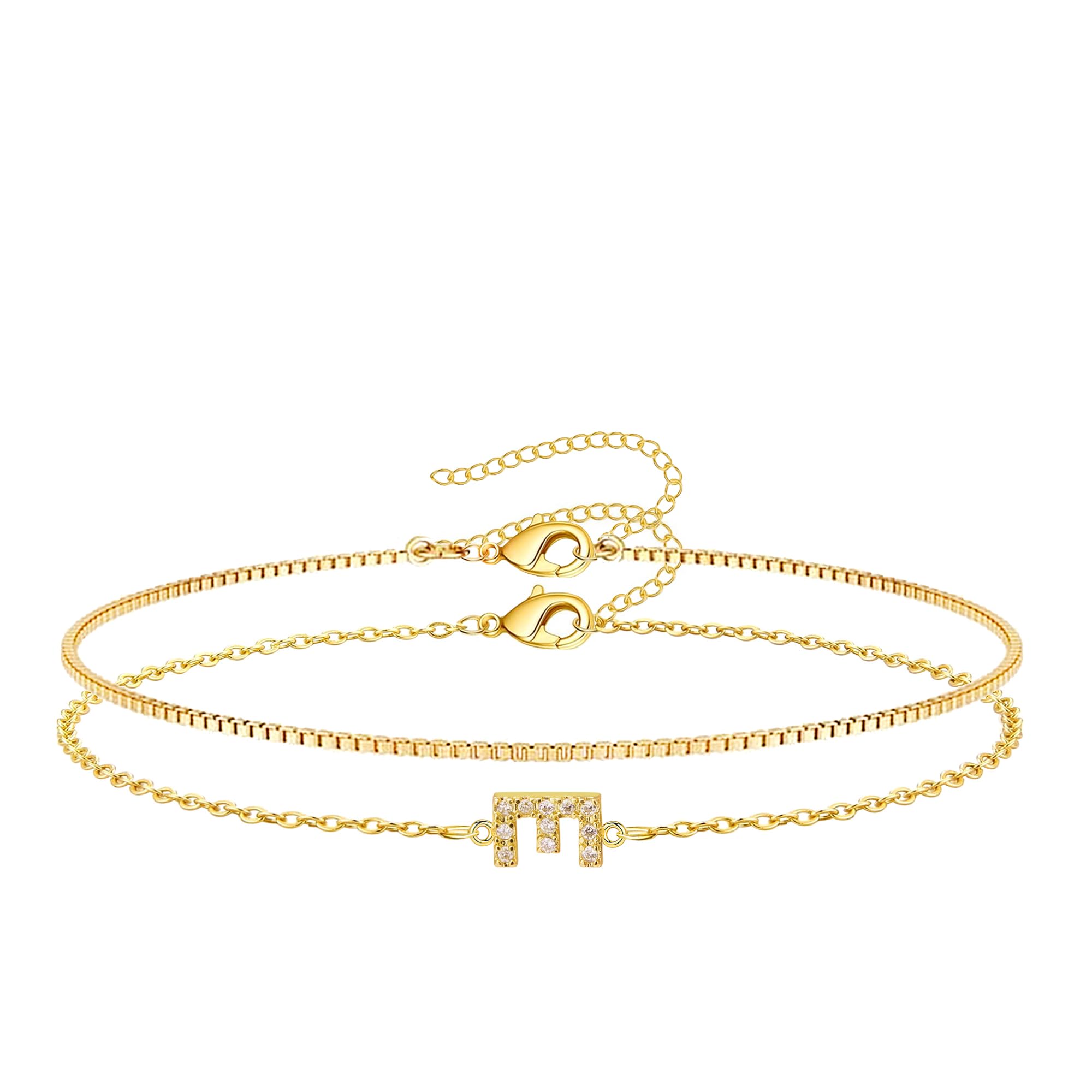 Gokeey Gold Initial Bracelets for Women, Dainty 14K Gold Plated Letter Initial Bracelet for Women, Cute Layered Box Chain Gold Bracelets for Women