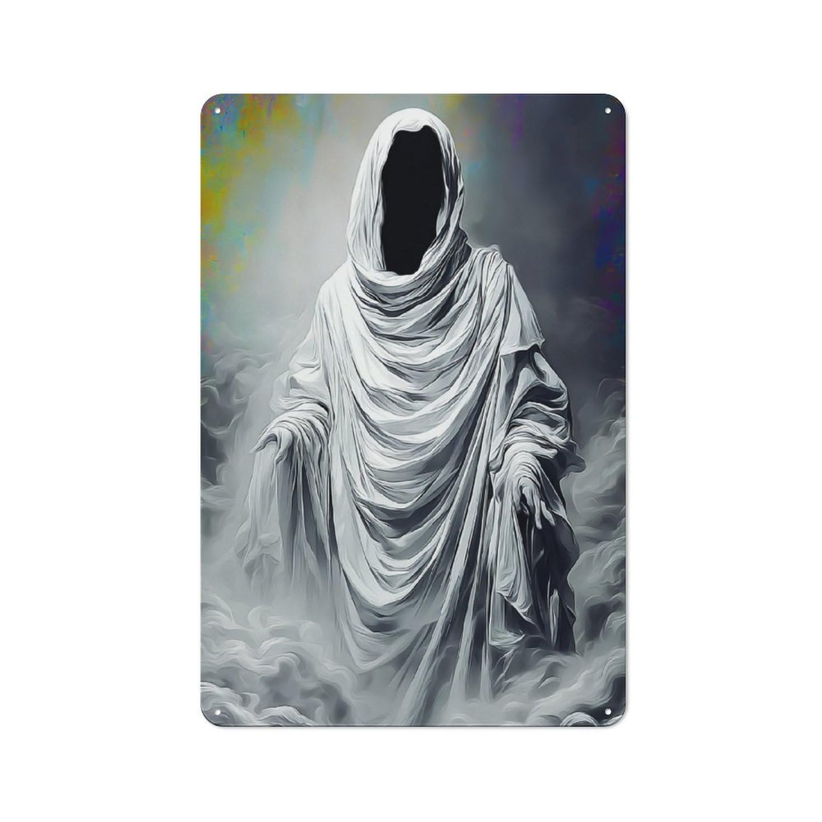 Junmoney Ghostly Figure In White Robe Simple Retro Metal Wall Plaque 30X20cm, Creative Space Decor For Office, Study, Studio Or Hallway