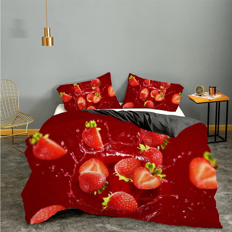 Housse de Couette 240 x 260 fraise anti-glissement avec zip pour lit double adulte