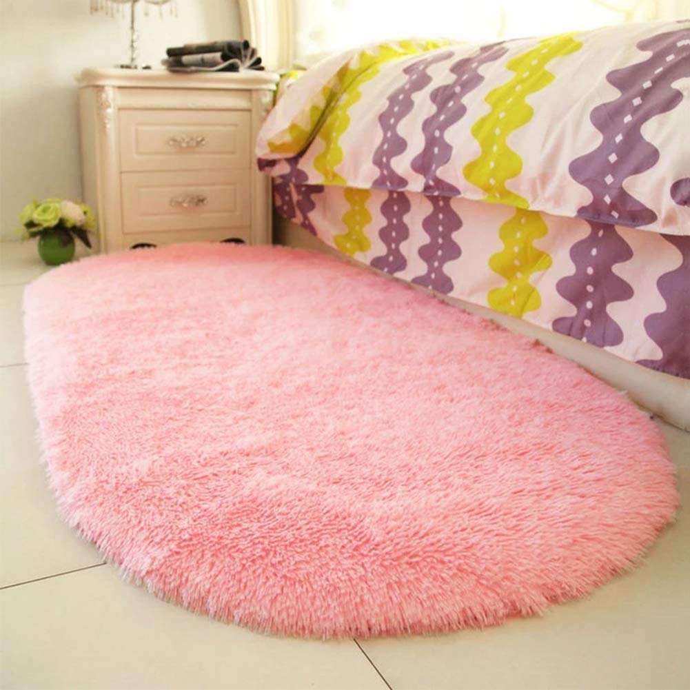 HONGBI Fluffy Faux Fur Rug Oval Bedside Carpet Super Soft Shaggy Sofa Mats Long Fluff Area Rugs Washable Anti-Skid Yoga Plush Floor Carpet for Living Room Bedrooms Kids Rooms Decor Pink 120x160CM โ image 1