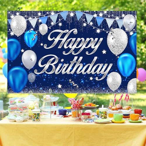Image of Happy Birthday Banner - Birthday Decorations for Men Women Boys Girls Blue Sliver Birthday Party Banners Welcome Happy Birthday Background Sign Theme Party Decorations Indoor Outdoor