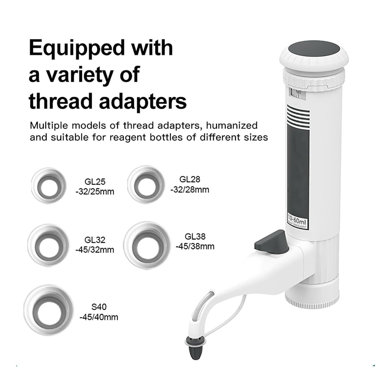 Dispensador superior de botella for laboratorio, pipeta de líquido ajustable de 10 a 60 ml, válvula antigoteo doble, ventana digital, 5 adaptadores roscados - Botella no incluida(5-30ml)