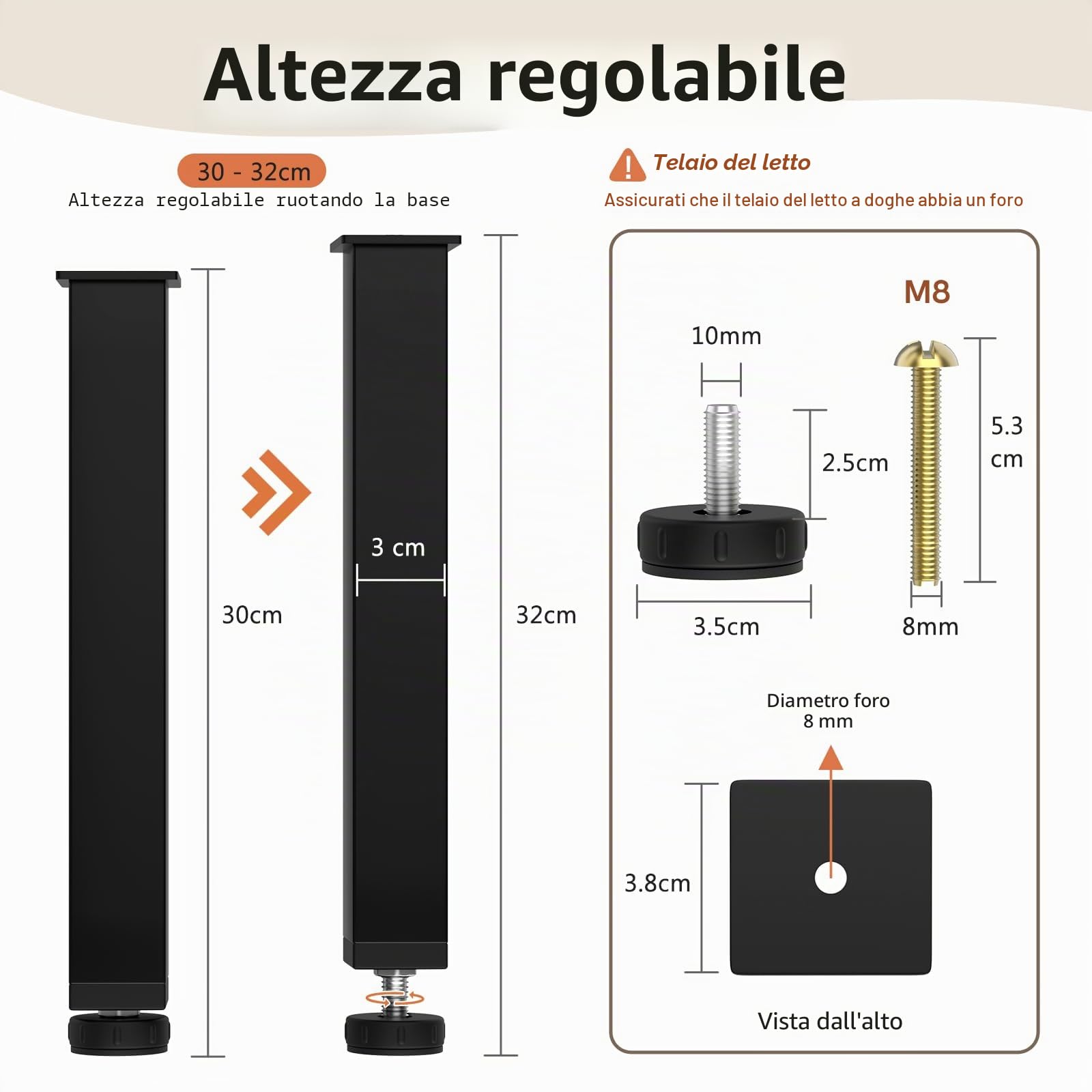 4 Pz Piedi Letto 30 cm da Avvitare, Gambe Regolabili in Metallo, Piedini per Doghe con 4 Cuscinetti Antiscivolo & Cacciavite (30-32cm)