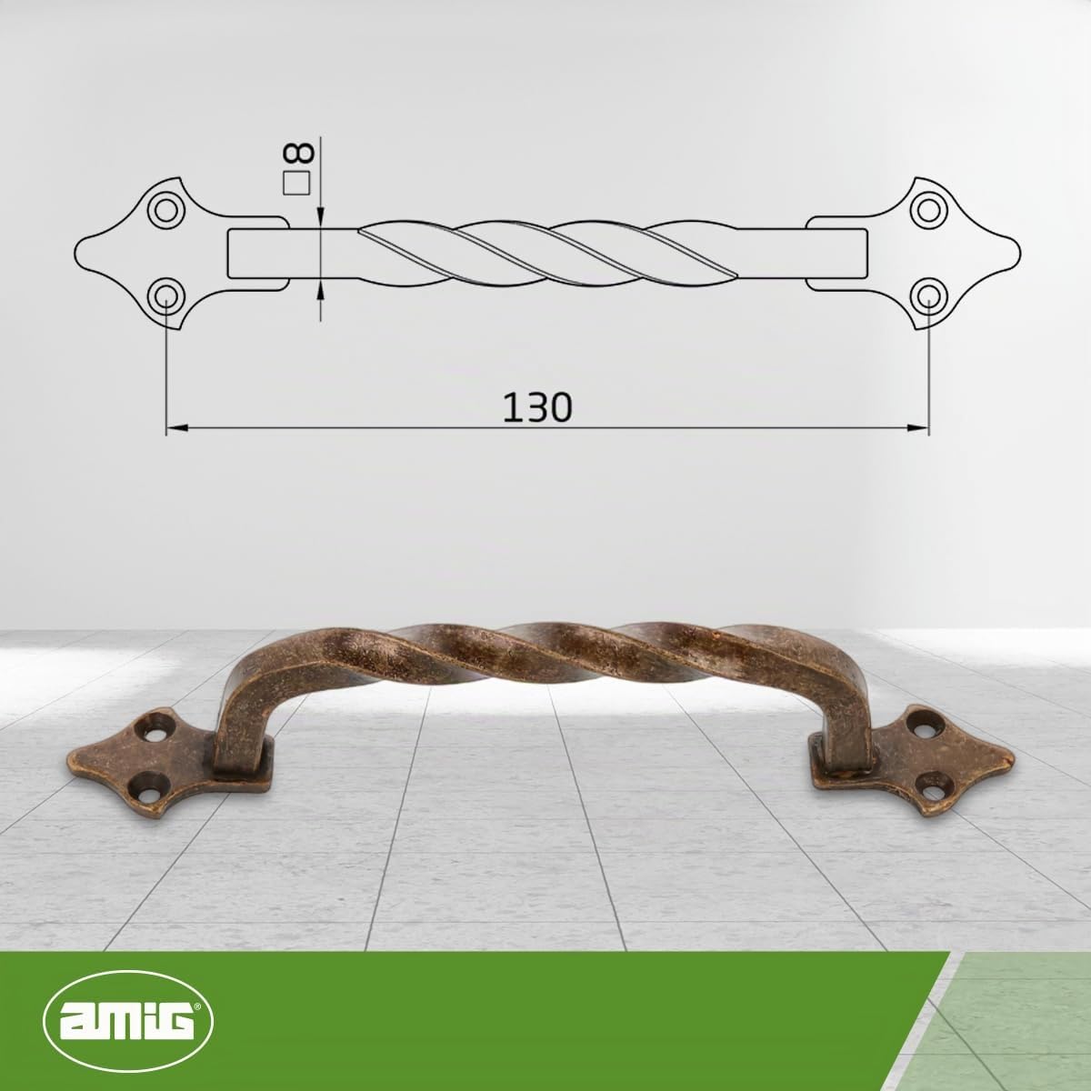 Amig - Maniglie per Mobili - Modello 1002 - Acciaio - Ferramenta Rustica - 130 mm - Senza Piastra - Viti incluse - Finitura: Cuoio