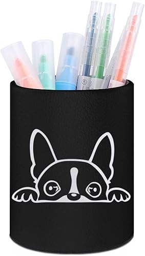 Lindo Boston Terrier - Soporte para bolígrafos de cuero con forma de cilindro para lápices, bonita caja de almacenamiento de escritorio, organizador