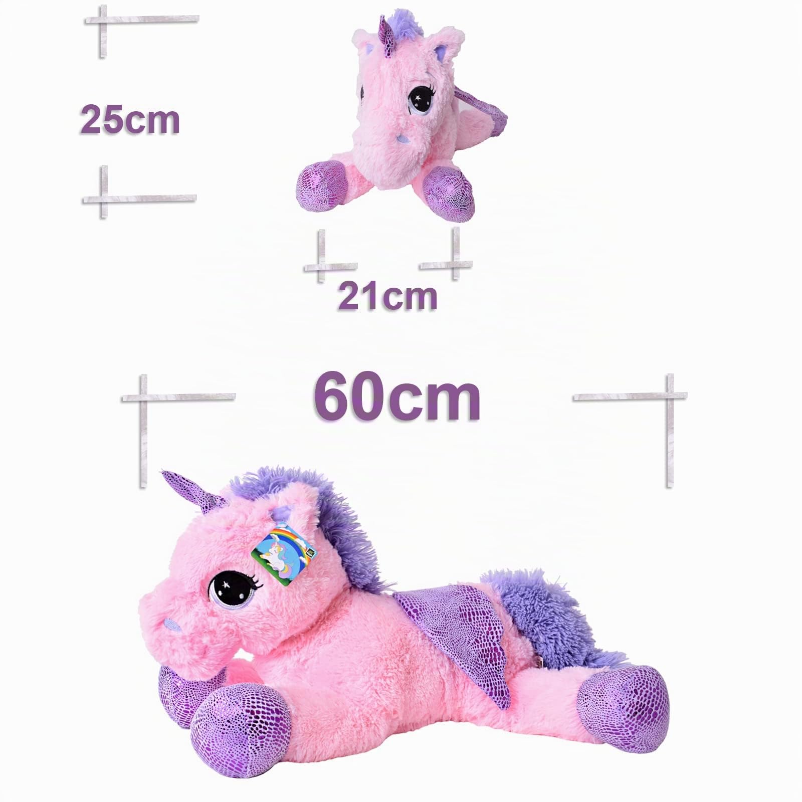 TE-Trend Peluche Cavallo Unicorno Sdraiato 60cm Fucsia O Bianco Con Lilla Applicazioni E Ali - rosa