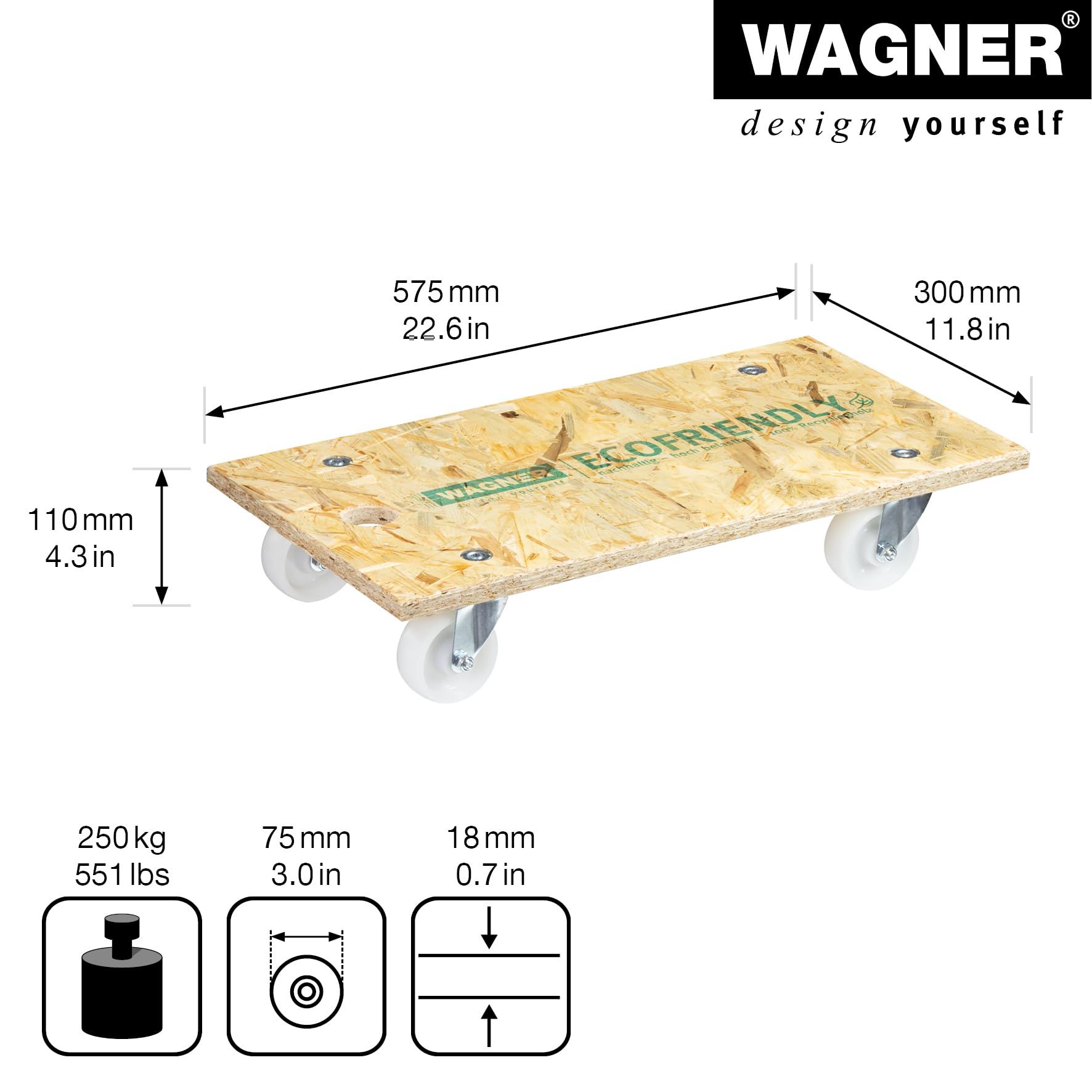 WAGNER Carrello da trasporto MM 1141 I 57,5 x 30 cm I ruote di trasporto soft a scorrimento facile per protezione del pavimento - per carichi pesanti I portata 250 kg - 20114101