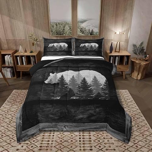 Castle Fairy Lodge Cabin Comforter Set Gray Bear Pine Tree Silhouette Pattern Quilted Duvet with 2 Pillowcases+1 Wild Animal Western Jungle Style Bedding for Teens Adults Full Size 3 Pcs