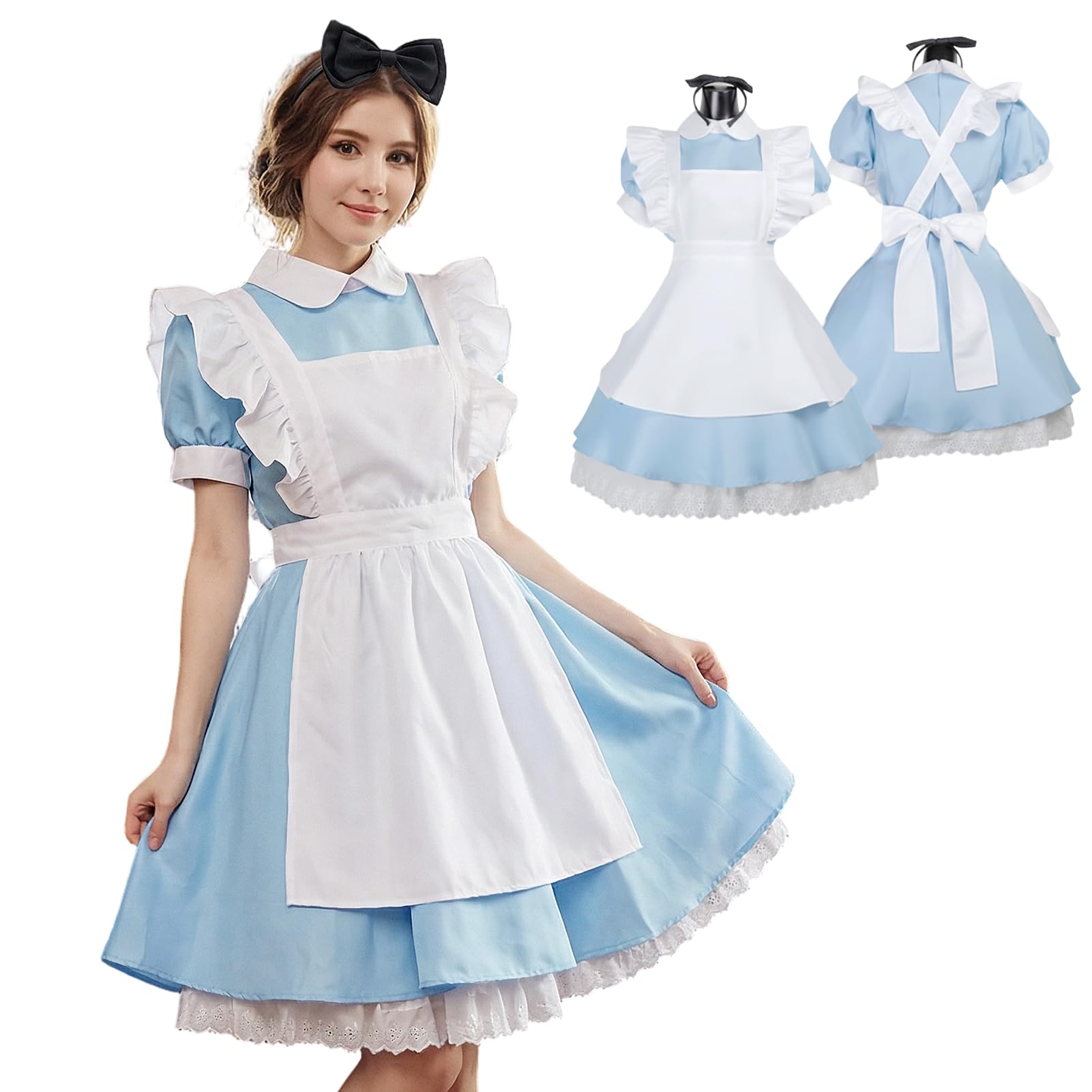 Meriviva Princess Costumes Wonderland Princess Dress with White Apron Headband, Blue Fancy Dress World Book Day Costumes for Adults Women (XL)