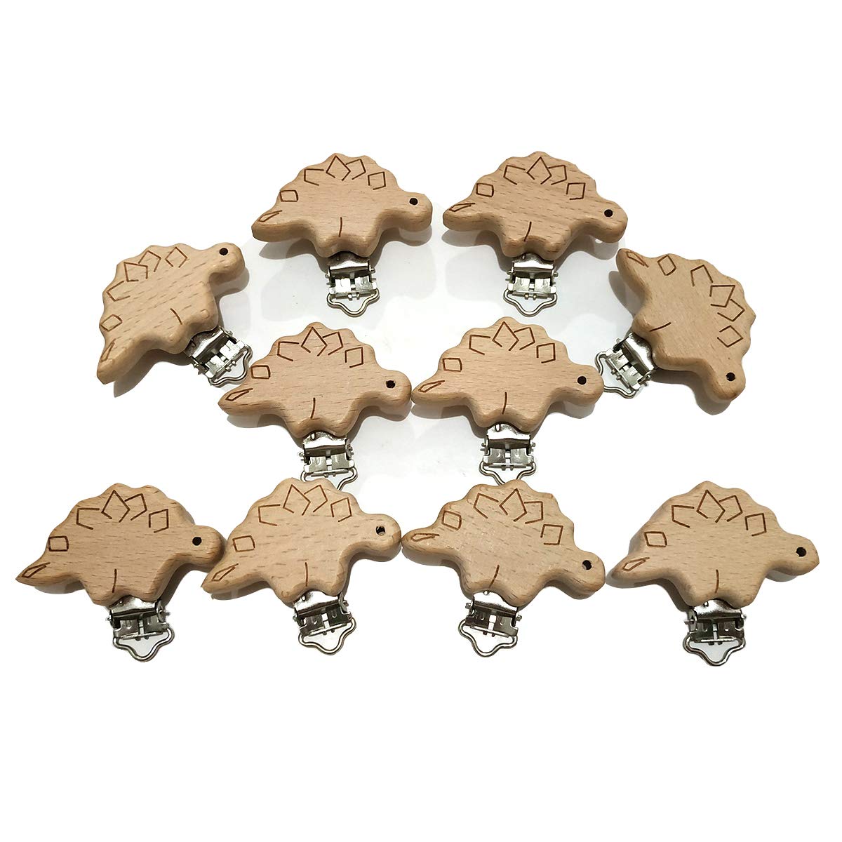 Arakierst 20pcs Natural Wood Suspender Pacifier Clips Cute Beech Wooden Animal Stegosaurus Shape Clips DIY Beading Pacifier Chain Accessory