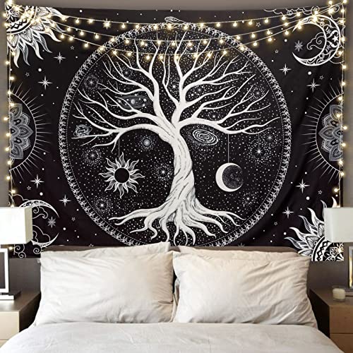 Image of Aesthetic Tree of Life Tapestry Black and White Wall Tapestry Hippie Sun Moon Star Galaxy Space Tapestries Forest Wall Hanging Decor Nature Home Decoration for Bedroom,Living Room,Dorm