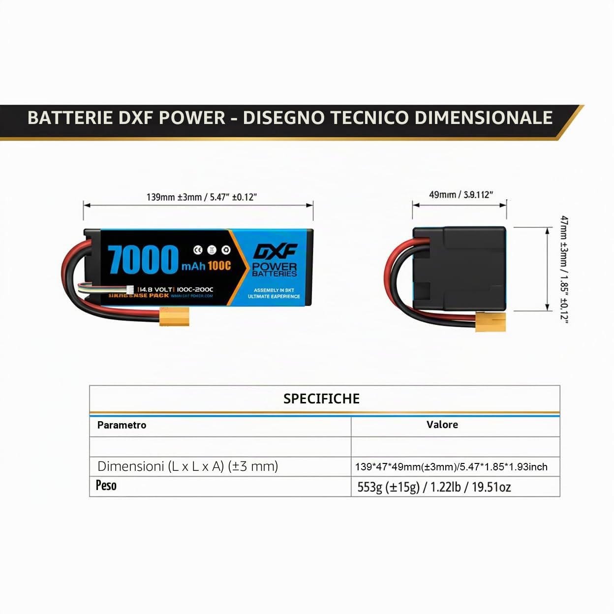 DXF 4S Lipo Batteria 14.8V 100C 7000mAh con Spina XT90 Batteria RC per Auto Camion Serbatoio RC Buggy Truggy Racing Hobby (2 pezzi)