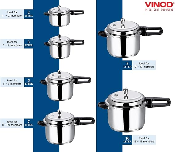Vinod Pressure Cooker Stainless Steel Outer Lid - 8 Liter Induction Base Cooker Indian Pressure Cooker Sandwich Bottom Best Used For Indian Cooking, Soups, and Rice Recipes, Quinoa