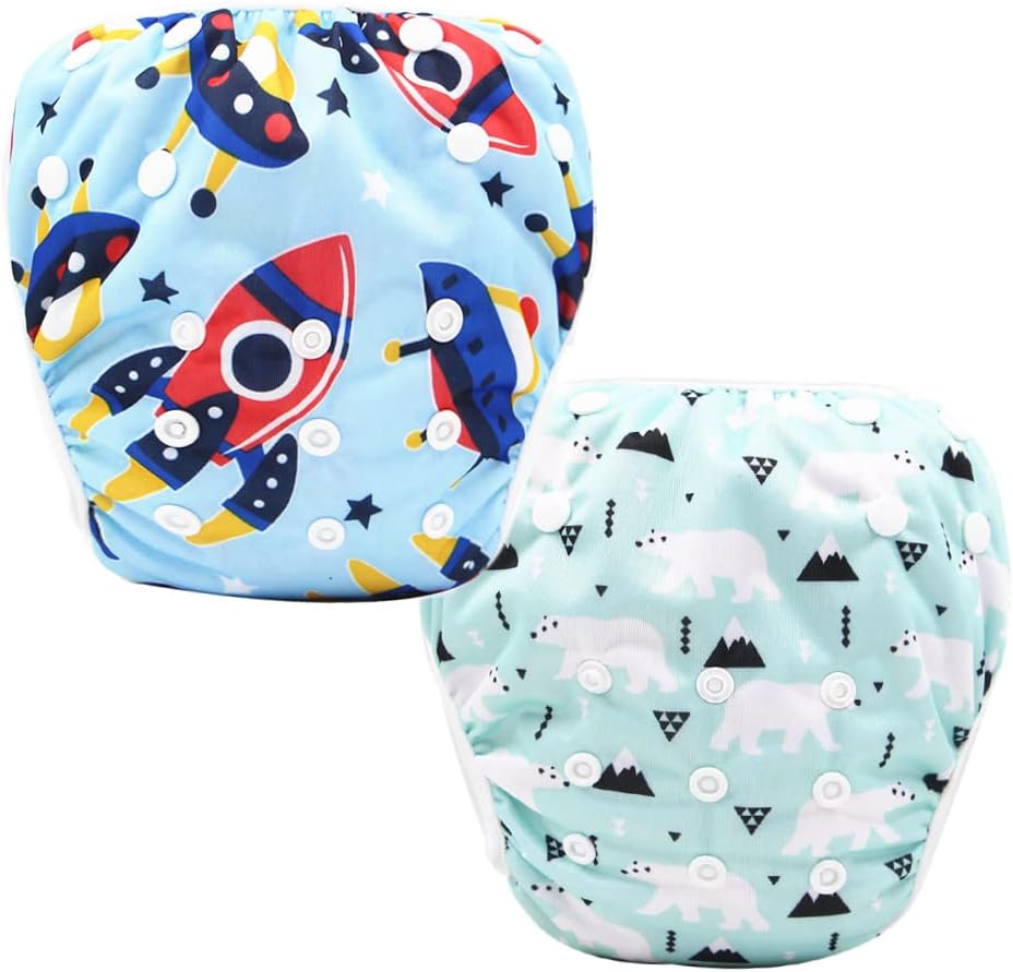 Baby Swim Diapers 2 Pack Reusable One Size Adjustable Swim Diaper Boys & Girls Waterproof