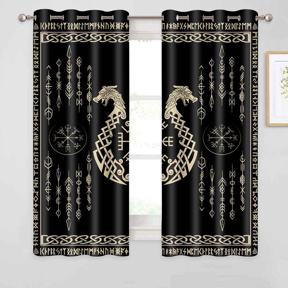 Lot de 2 rideaux occultants à isolation thermique avec imprimé nordique Vikings et symboles Vegvsir pour salon, chambre à coucher, 132,1 x 160 cm, CLZYSP545