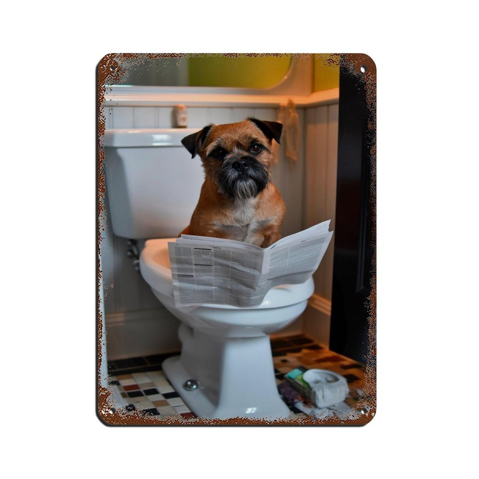 Border Terrier on Toilet Reading The Newspaper Retro Poster Metal Tin Sign Chic Art Retro Iron Painting Bar People Cave Cafe Family Garage Poster Wall Decoration 12x16inch(30x40cm)