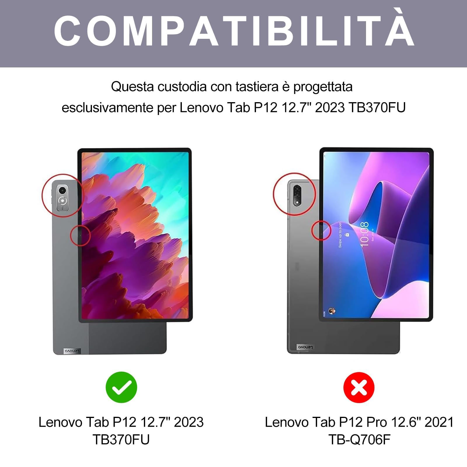 Occtingkind Tastiera Retroilluminata per Lenovo Tab P12 2023 - Custodia con Tastiera Bluetooth Multicolore per Lenovo Tab P12 TB370FU, Layout Italiano, USB C, Senza Touchpad, Lavanda