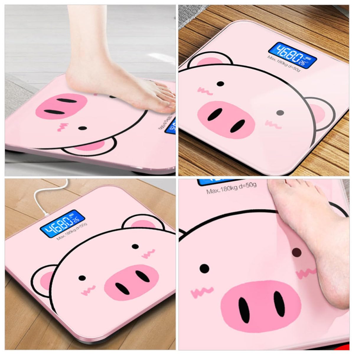 Báscula de Peso Corporal de Dibujos Animados Rosa de Vidrio Templado | Pantalla Lcd Nocturna de Alta Definición, Capacidad 0,2-180kg, Uso Doméstico Práctico