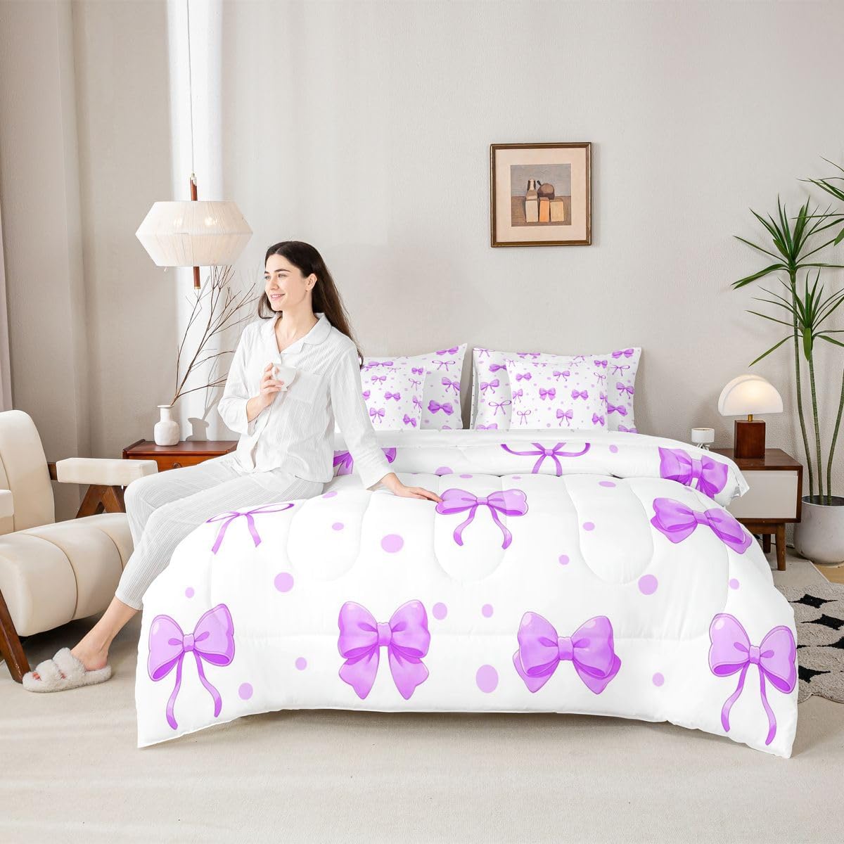 Erosebridal Coquette Bowknot Comforter Set Purple Bow Tie Bed in A Bag Queen Size 7 Pieces Bow Decor Bed Set Room Decor Princess Bedding with Sheets