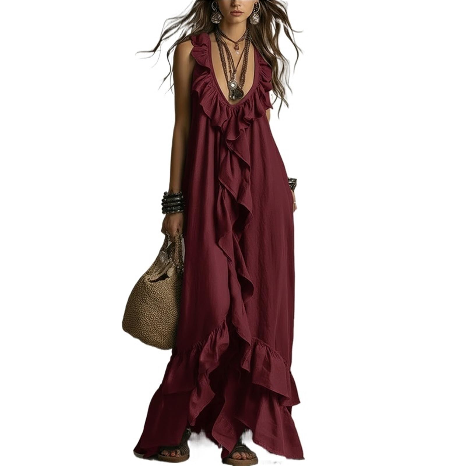 Vestido de Playa Elegante con Cuello en V, Espalda Descubierta, diseño Volantes, Suelto, Largo, Informal, sin Mangas, for Vacaciones