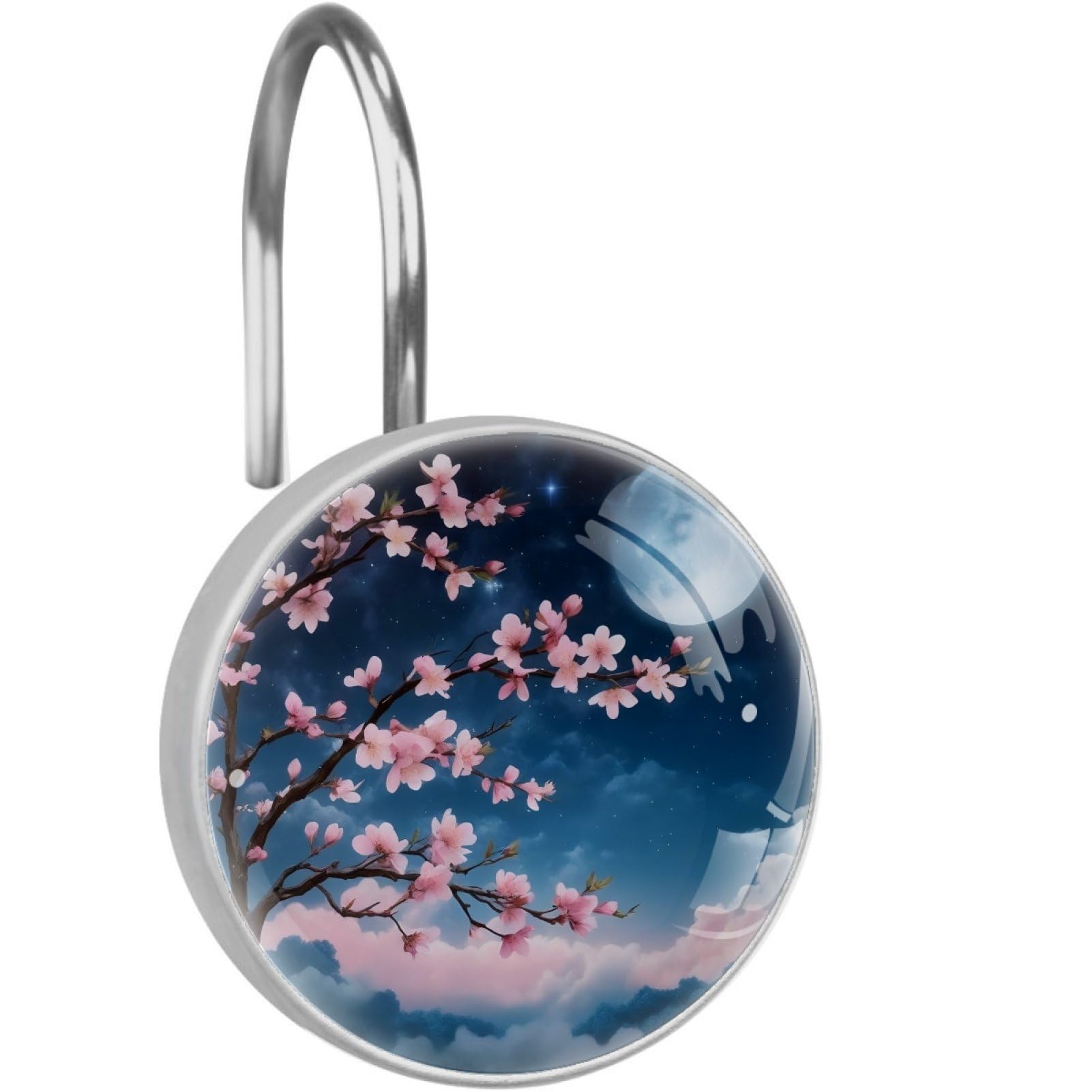 VAPOKF Decorative Shower Curtain Hooks, Cherry Blossom Moon Rustproof Stainless Steel Shower Curtain Rings for Bathroom, Shower Curtain Hangers for Shower Rod, 12 Pack