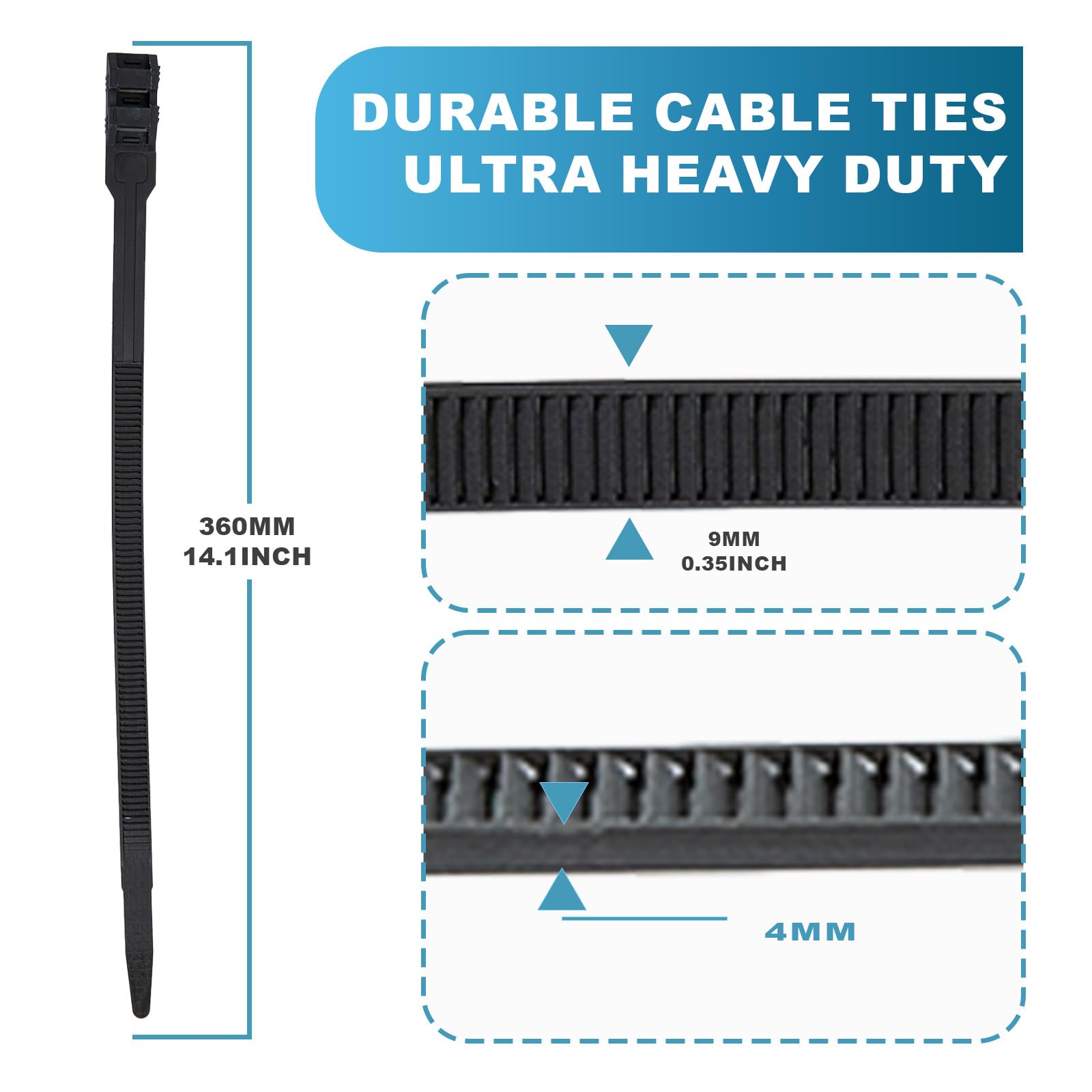 FamlTol Black Cable Ties 360 x 9mm Heavy Duty Zip Tie 90kg Load Capacity 100 PCS UV Resistant Wraps Double Locking Heads Plastic Ties for Cable Management Industrial and Gardening - Image 2