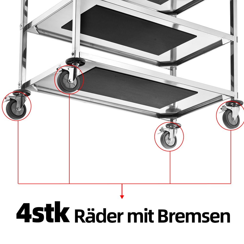 Carrello multiuso a 3 ripiani in acciaio inox con ruote, carrello da cucina commerciale per hotel, ospedali e scuole, resistente, facile mobilità (95 x 50 x 95 cm)