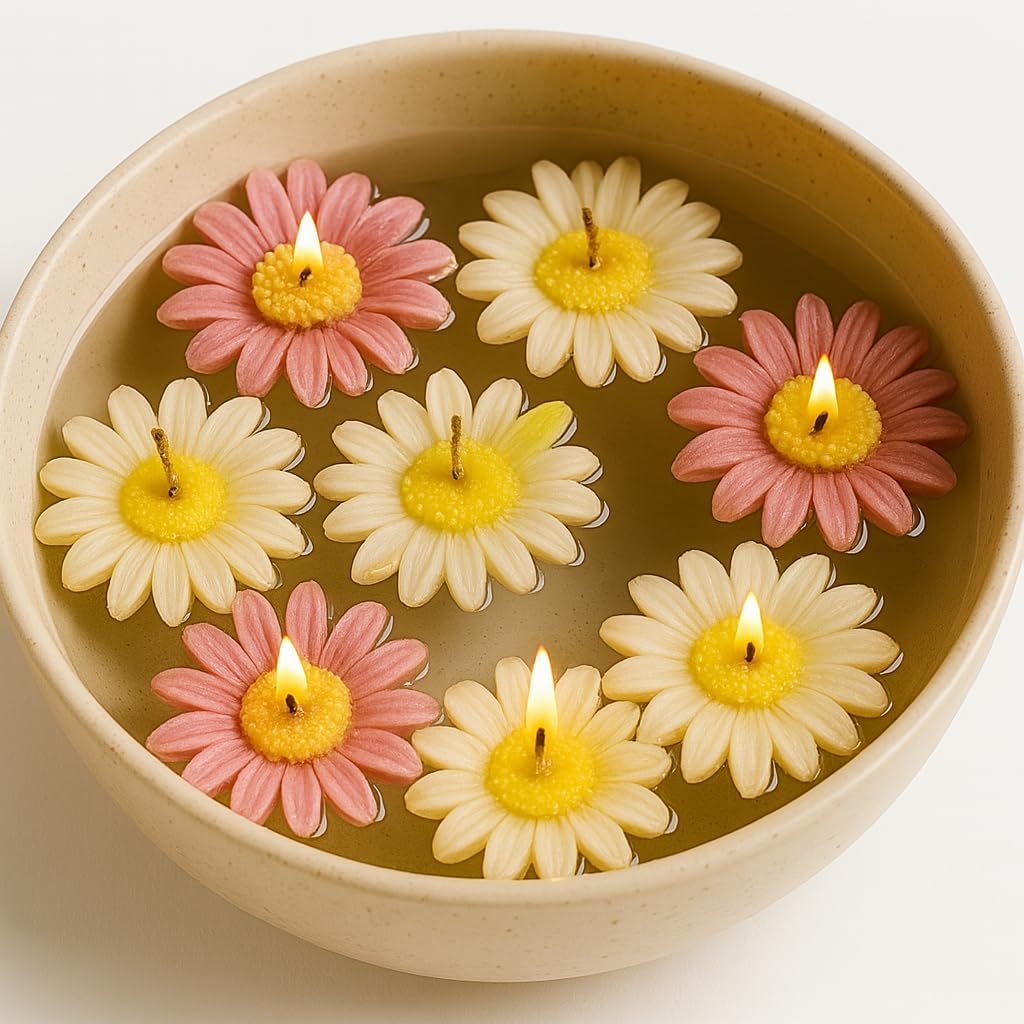 Floating Flower Candles – Set of 8 Daisy-Shaped Decorative Candles for Bowl Decor | Handmade & Scented | Festive & Wedding Use | by CANDLE BY DD | Set of 8 Peace-image-9
