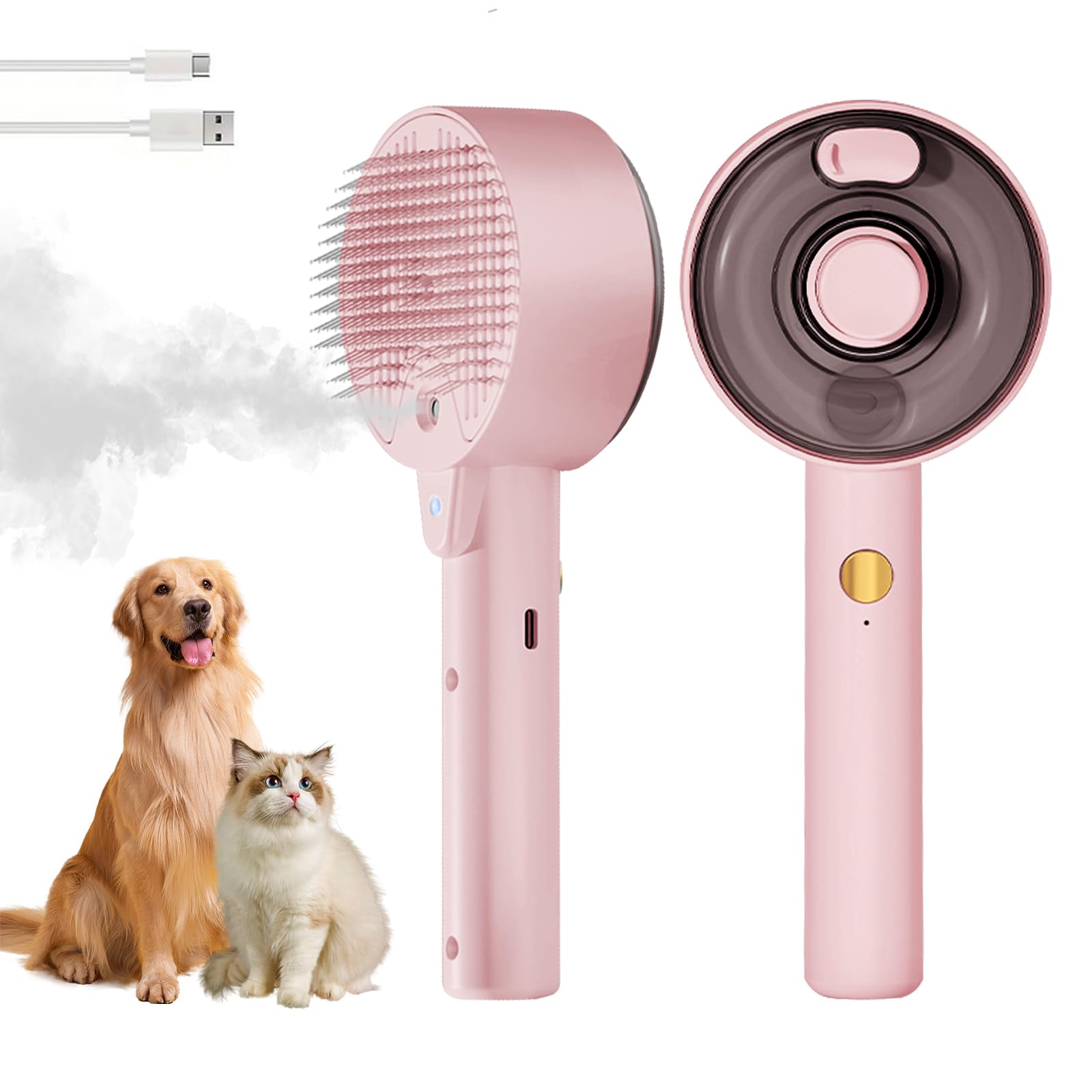 Spazzola a vapore 4 in 1 per cani e gatti - Autopulente con serbatoio d'acqua - Toelettatura e massaggio per animali domestici（Rosa）