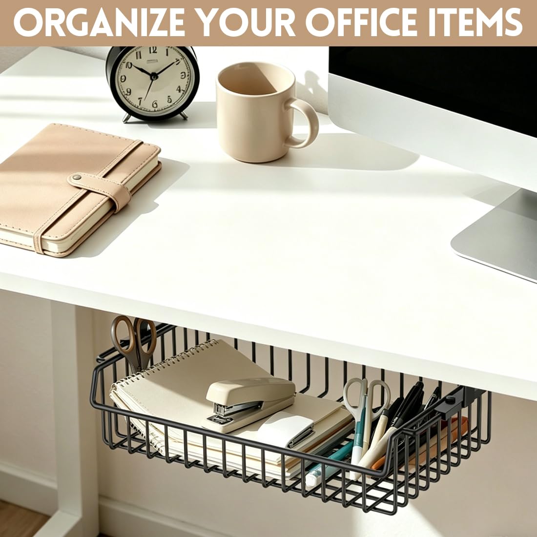 Cassetto organizer sottoscrivania in metallo 37×25×11cm nero, cesta portaoggetti da fissare sotto piano per ufficio casa scuola