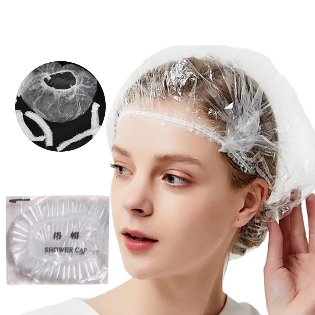 100 PCS Disposable Shower Caps Waterproof Plastic Shower Cap Individually Wrapped Clear Shower Caps Multi-Purpose Thickening Elastic Durable For Home Bath Hotel Travel
