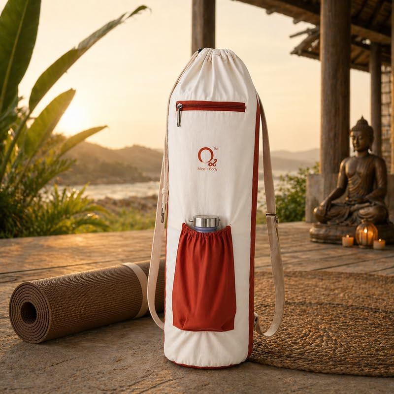 Image of O2 Yoga Mat Bag | Basic Style Cotton Yoga Mat Carry Bag with Adjustable Double Straps | Bottle Holder & Zipper Pocket | Yoga Mat Cover Bag for Women & Men | Fits 2mm-10mm Mats - Rusty Cream