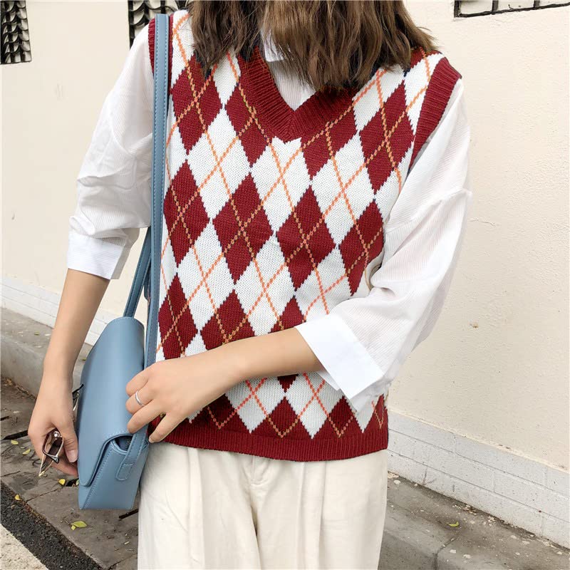 Image of Sweater Vest Women,Sleeveless V Neck Argyle Plaid Long Preppy Loose Knitted Casual School Sweaters Tank Top