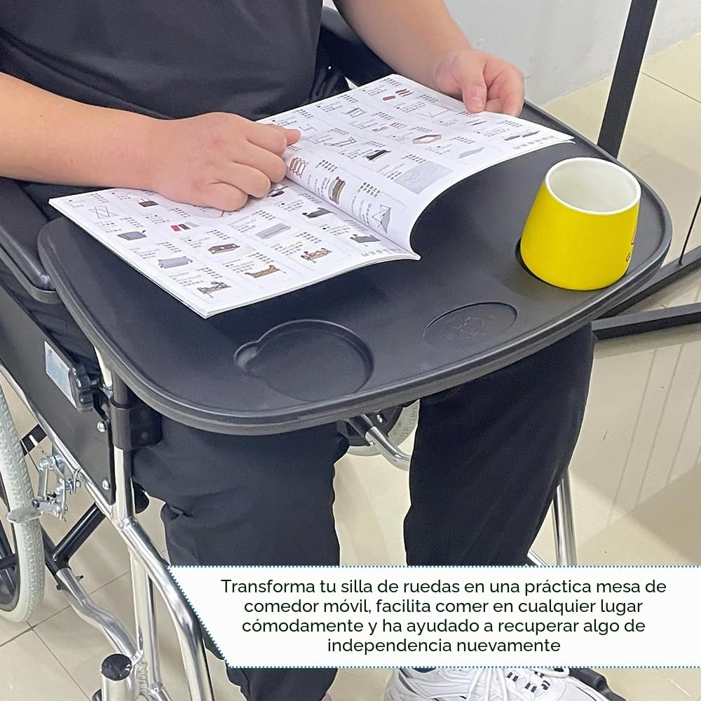Mesa de bandeja para silla de ruedas con soporte para tazas, mesa extraíble para silla de ruedas, tabla de regazo para pacientes lactantes, ayuda a comer, se adapta a brazos de silla de ruedas de