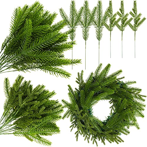 100 Pieces Christmas Artificial Pine Branches Artificial Christmas Pine Needles Fake Green Pine Picks Plastic Realistic Pine Branches for DIY Garland Christmas Home and Party Wall Door Decor, 2 Styles