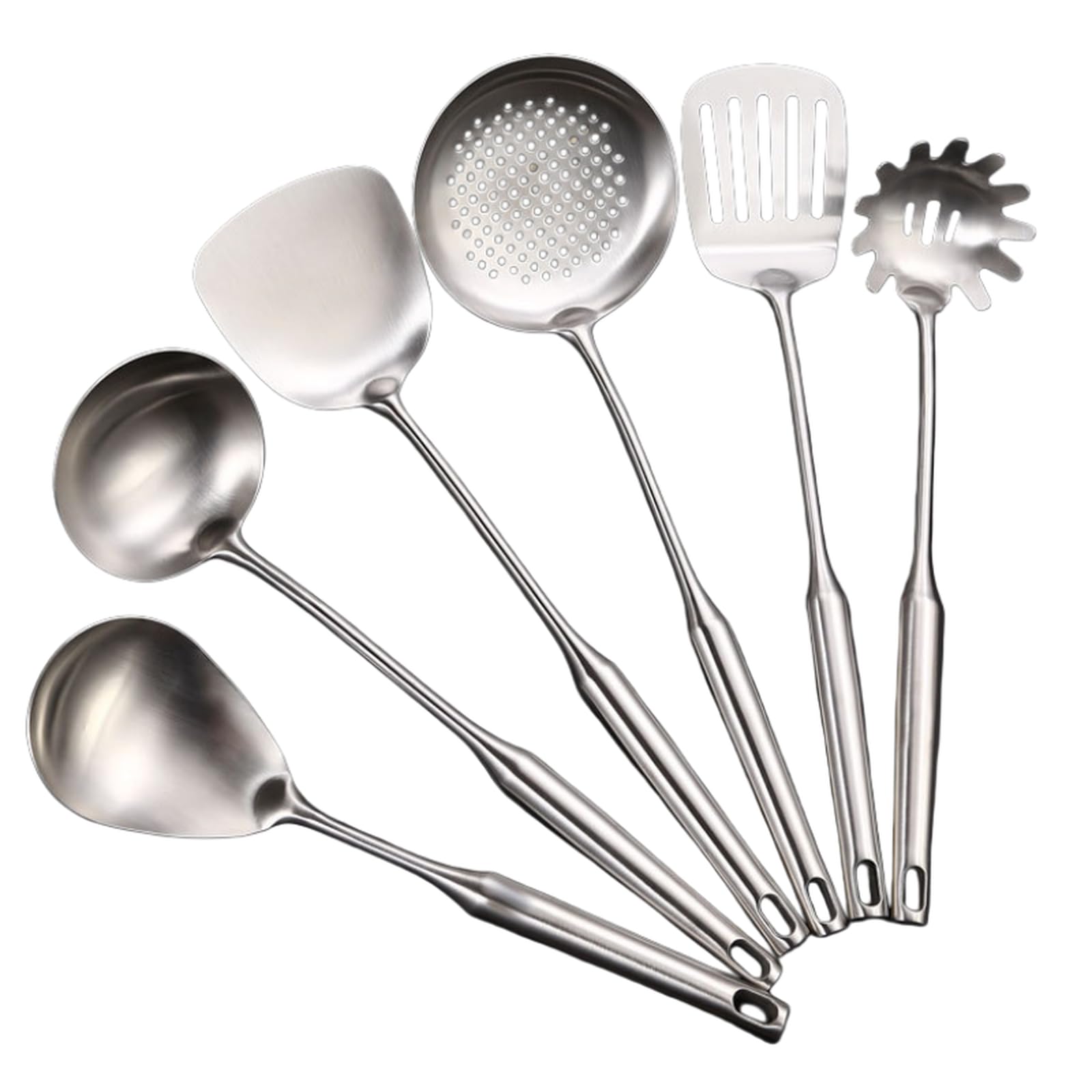 Juego de utensilios de cocina de acero inoxidable 304 de primera calidad, espátula y cucharón para sopa de alta resistencia con mangos ergonómicos resistentes al calor, juego de 7 piezas.