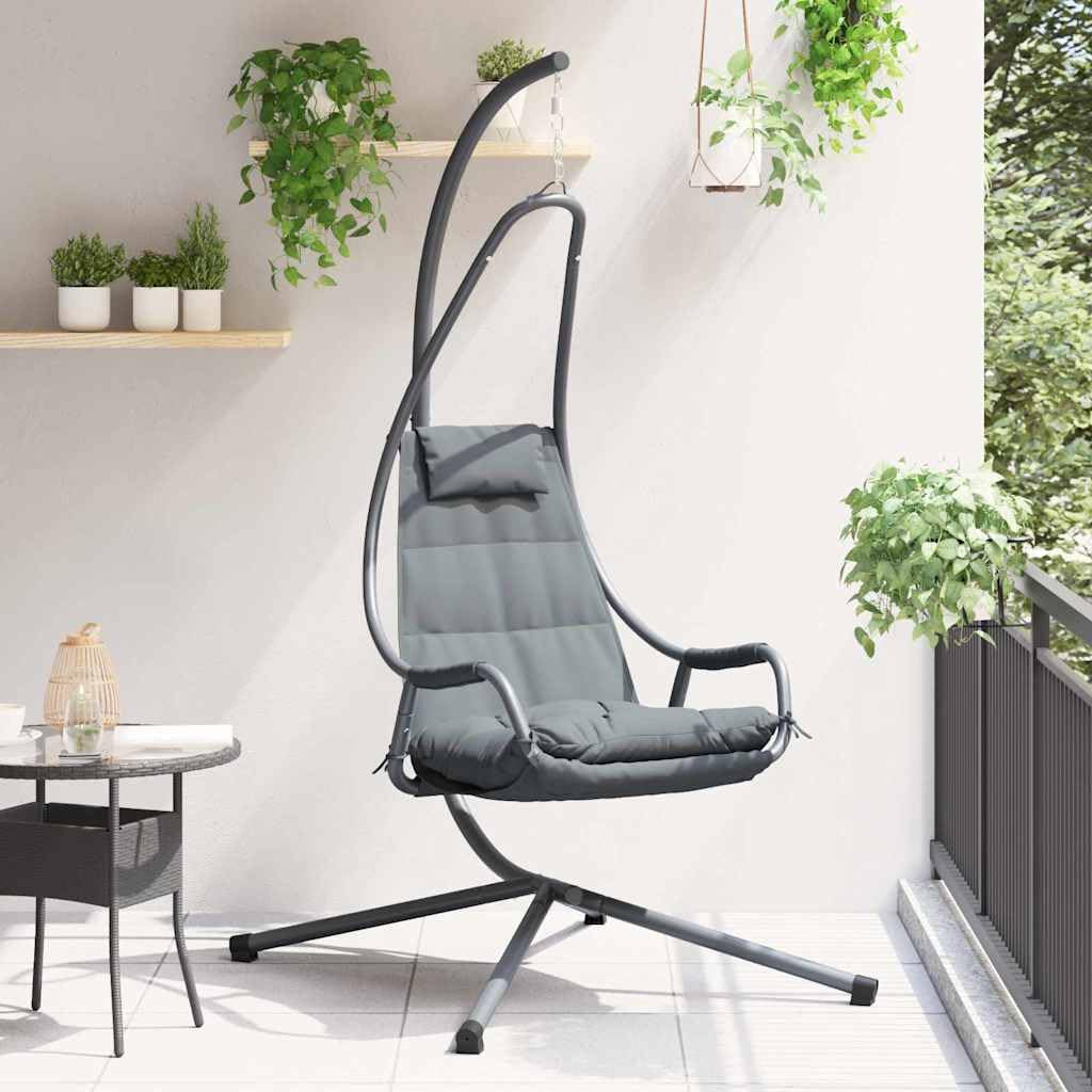 Silla colgante de acero antracita con cojín, plegable, 94 x 107 x 196,5 cm, para balcón, terraza, jardín e interior, tumbona de relajación ergonómica