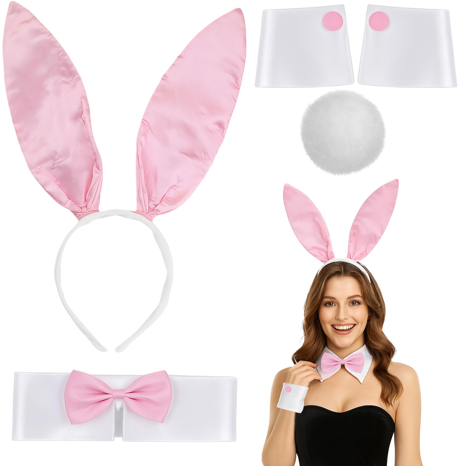 MUNSKT Bunny Costume Set,Bunny Ears and Tail Collar Bow Tie Cuffs,Easter Bunnys Costume Sets for Hen Party Halloween Cosplay Fancy Dress Accessories Set (Pink)