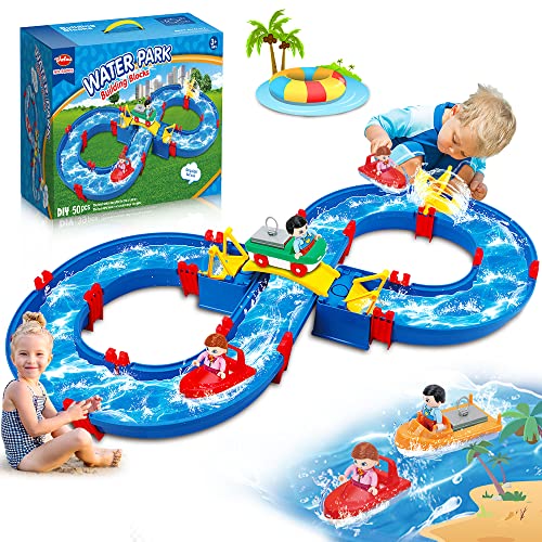 Image of VATOS Kids Outdoor Water Table Toys, Water Park Playset 50PCS DIY Table Beach Toy on Backyard, Lawn, Pool Waterway Toy with 2 Boats, Summer Outside Activity Funs for Toddler Boys Girls Ages 4-8 3-5