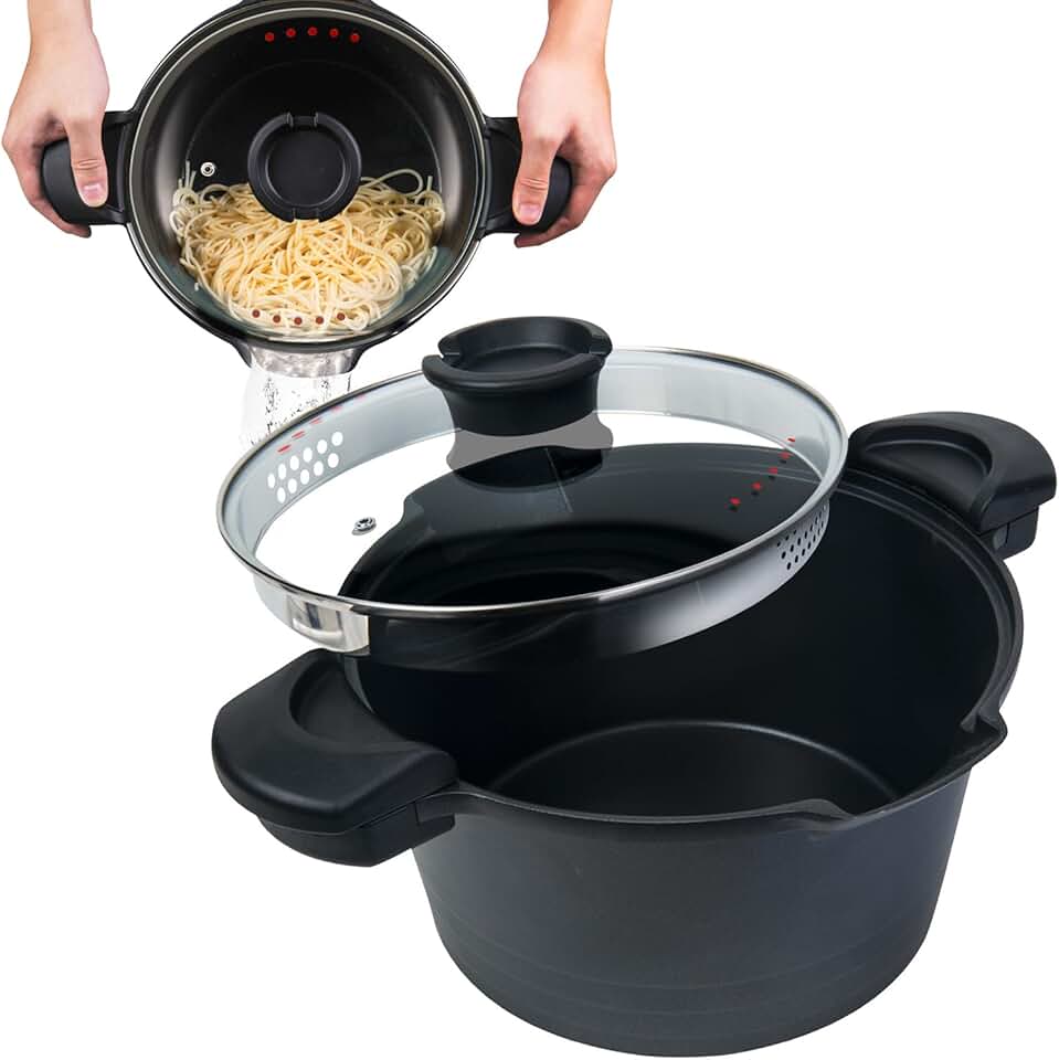 MasterPan 5 QT. Non-Stick Stock N’ Pasta Pot w/Locking Handles and Easy Pour Strainer, 9”